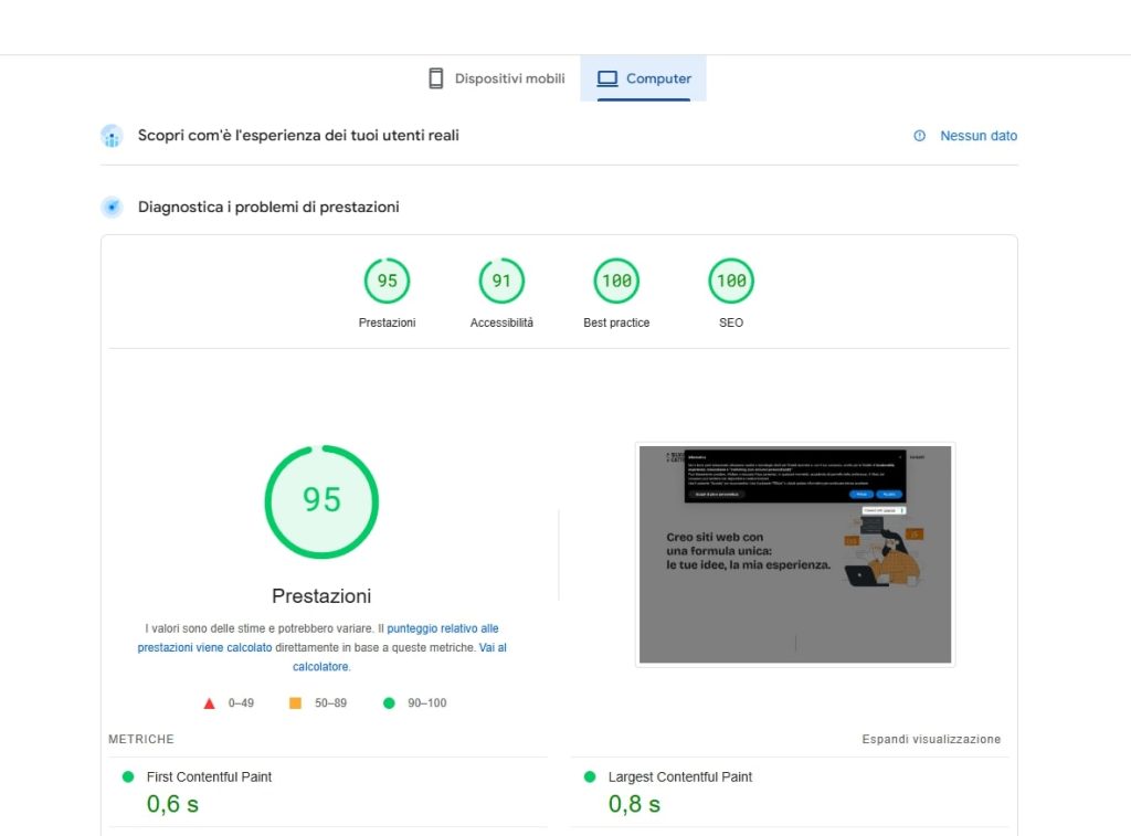 Interfaccia di page speed per analizzare la velocità del proprio sito