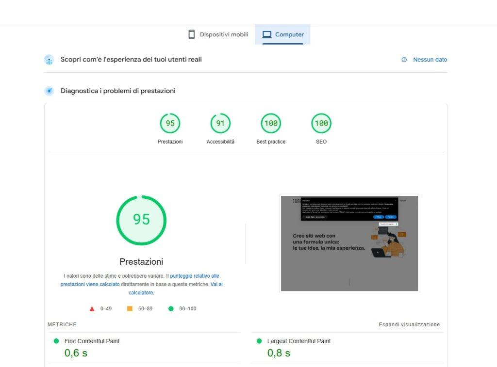 Dashboard di Google Pagespeed per la valutazione del proprio sito